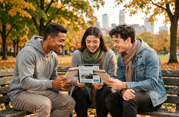Groupe de jeunes adultes consultant les tendances et actualités incontournables sur une tablette dans un parc en automne