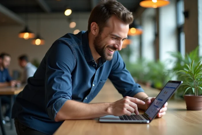 Homme découvrant le guide tarbob com sur tablette dans un espace de coworking moderne