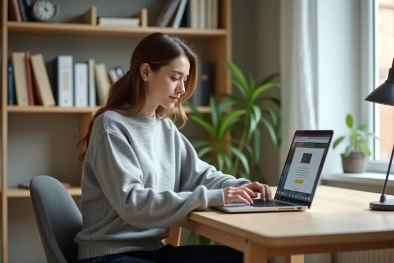 Jeune femme consultant un guide en ligne sur tarbob com depuis son bureau à domicile en 2026