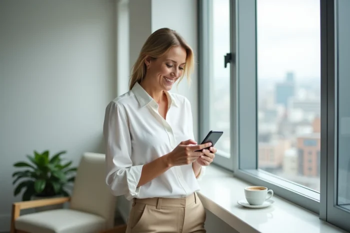 Femme professionnelle explorant tarbob com sur smartphone depuis son appartement en ville