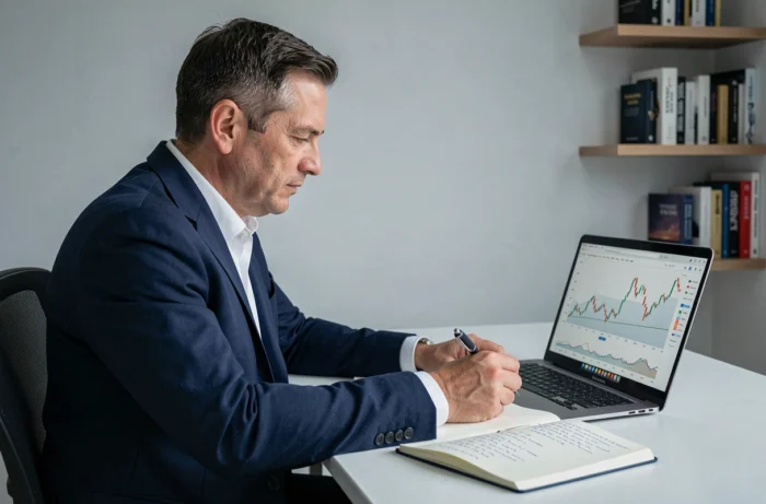 Homme analysant des graphiques financiers sur ordinateur portable dans un bureau minimaliste à domicile