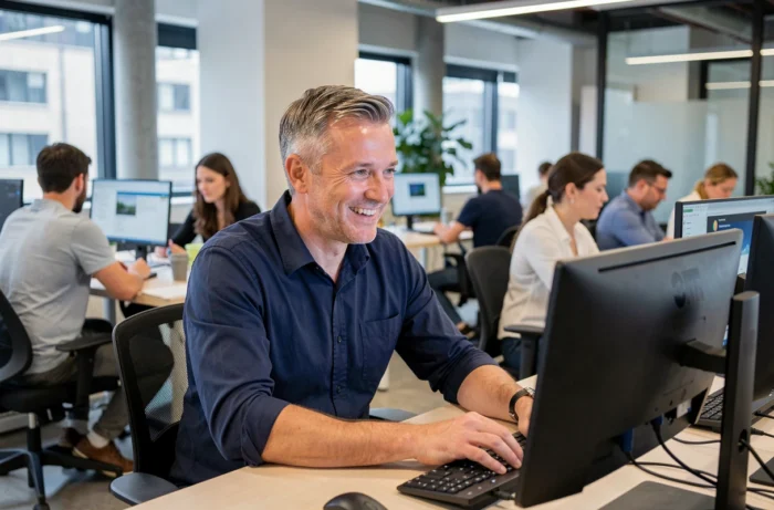 Homme participant à un atelier de compétences numériques dans un espace de coworking moderne