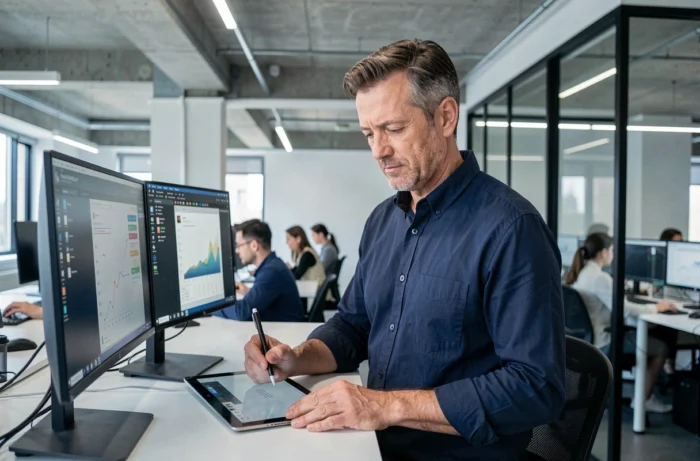 Homme professionnel utilisant un double écran et une tablette numérique dans un bureau moderne pour optimiser sa gestion informatique