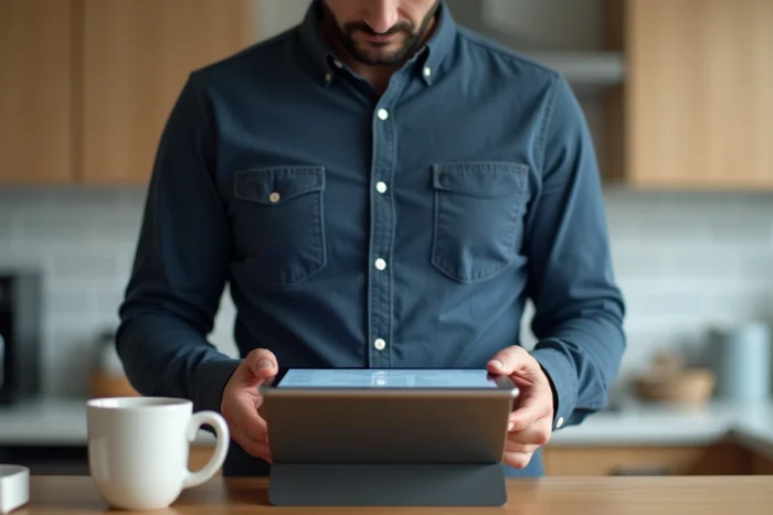 Homme consultant ses emails Neuf Mail sur une tablette dans une cuisine moderne
