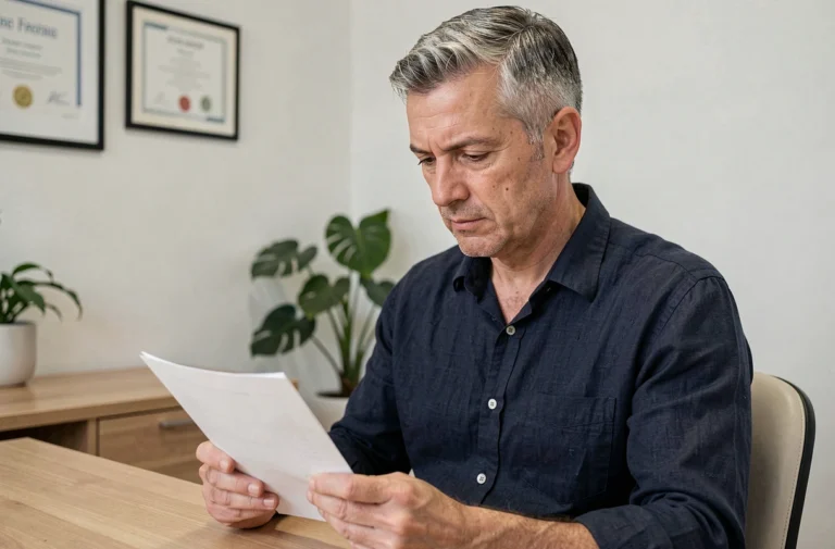 Homme adulte en consultation médicale tenant des documents, illustrant une maladie auto-immune diagnostiquée