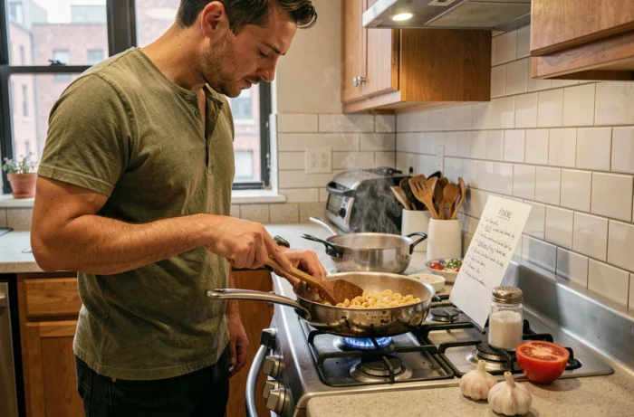 Homme débutant en cuisine remuant une sauce tomate maison sur une gazinière dans un appartement urbain