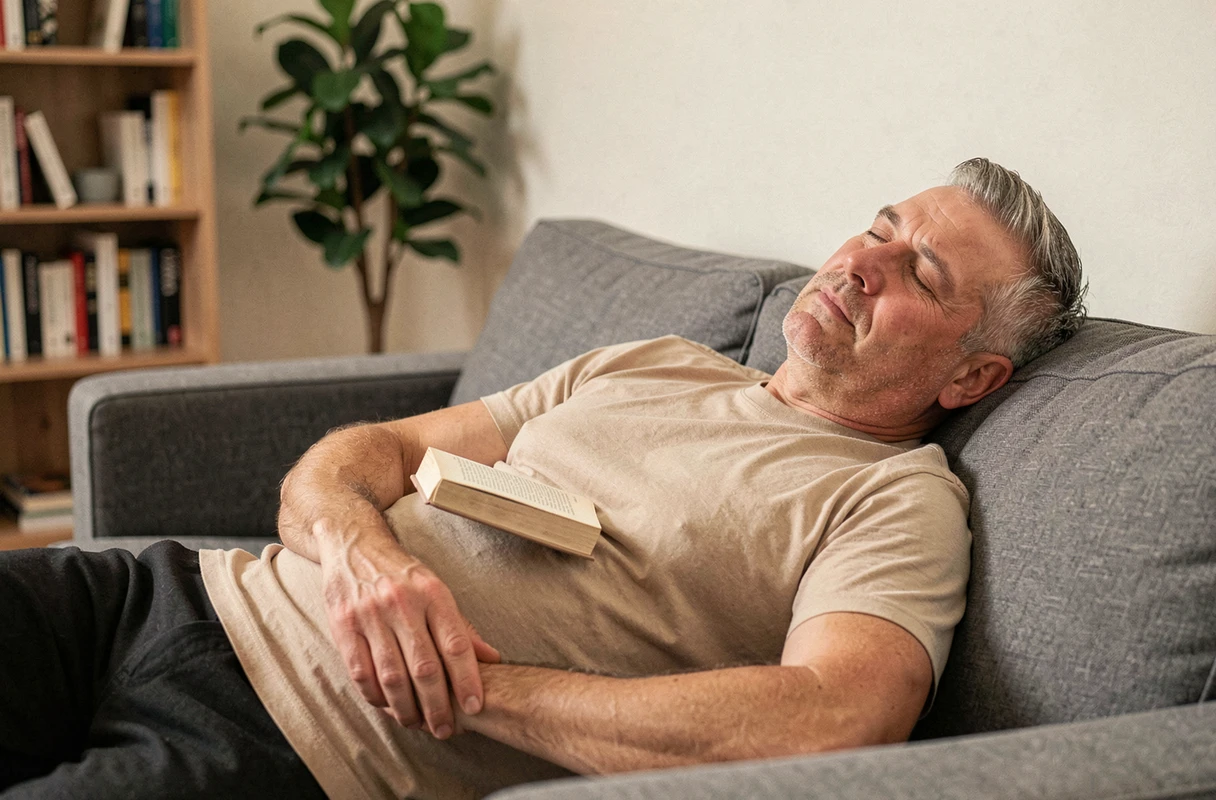 Homme allongé sur un canapé avec un livre, illustrant la fatigue liée à une maladie auto-immune