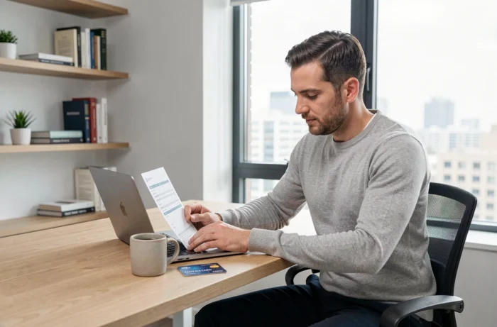 Homme consultant ses finances avec une carte bancaire premium posée sur un bureau moderne à domicile