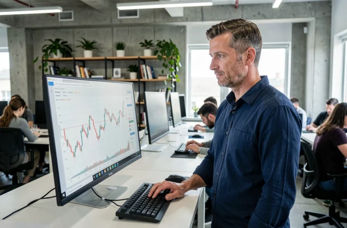 Homme consultant des graphiques financiers sur un écran d'ordinateur dans un espace de coworking moderne pour optimiser son budget