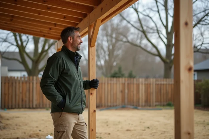 Homme satisfait inspectant un abri voiture en bois fraîchement installé dans son jardin