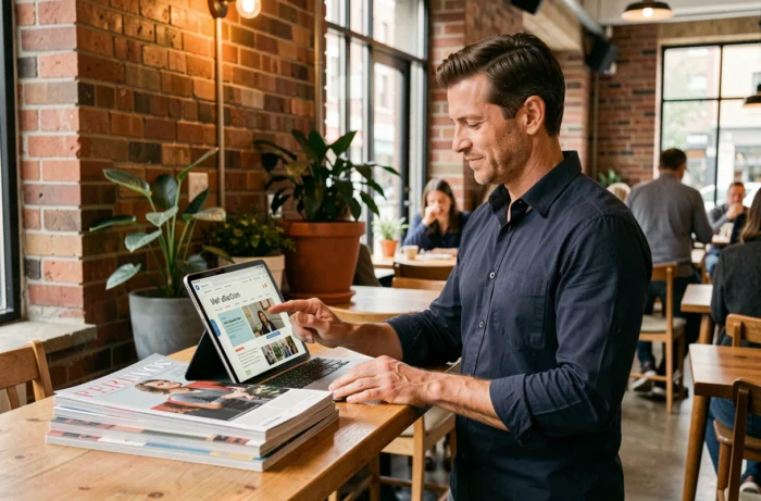 Homme naviguant sur le site d'un magazine depuis une tablette dans un café urbain