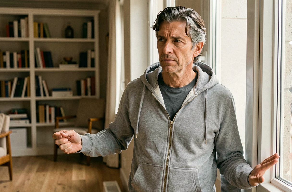 Homme songeur près d'une fenêtre en appartement, évoquant le quotidien avec une maladie auto-immune chronique