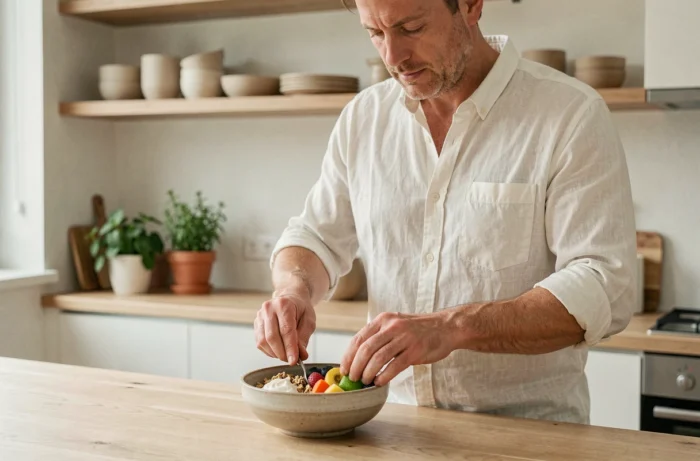 Homme préparant un petit-déjeuner sain et équilibré dans une cuisine moderne pour prendre soin de sa santé au quotidien