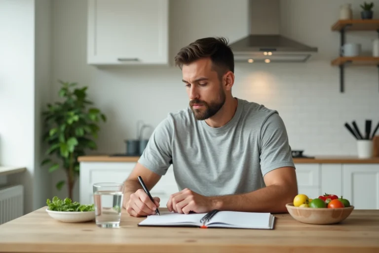 Homme consultant un plan alimentaire pour réduire son taux de CDT en dix jours avec eau et légumes frais