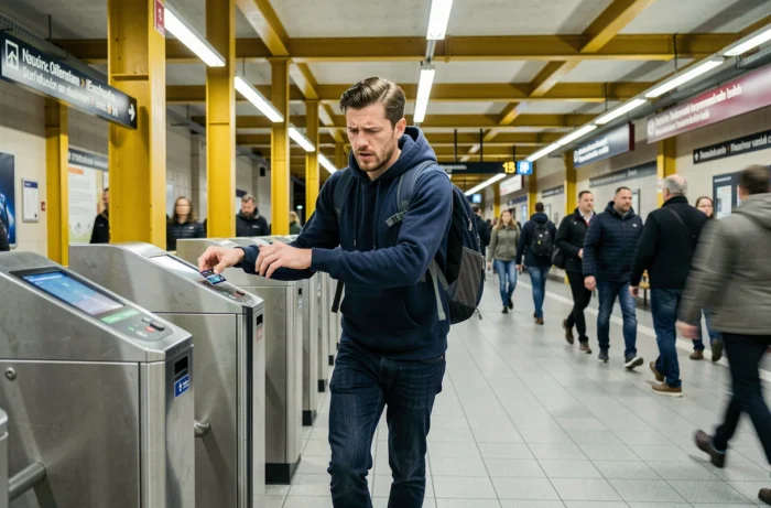 Homme stressé validant sa carte de transport à un portillon du U-Bahn à Berlin