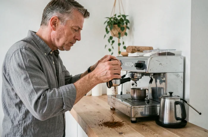 Homme préparant un espresso en tassant le café moulu dans un porte-filtre dans une cuisine scandinave moderne