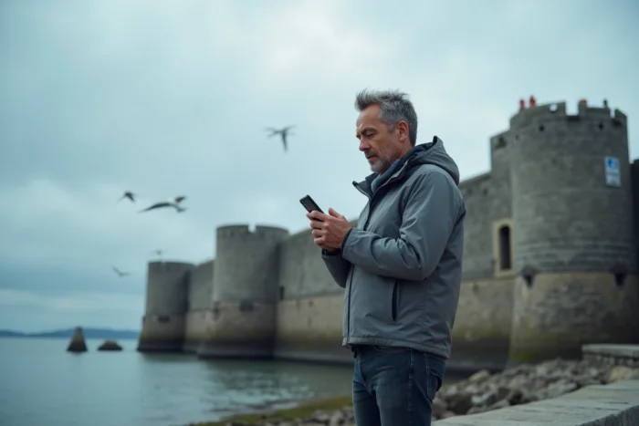 Homme consultant l'actualité digitale sur smartphone devant les remparts de Saint-Malo en Bretagne