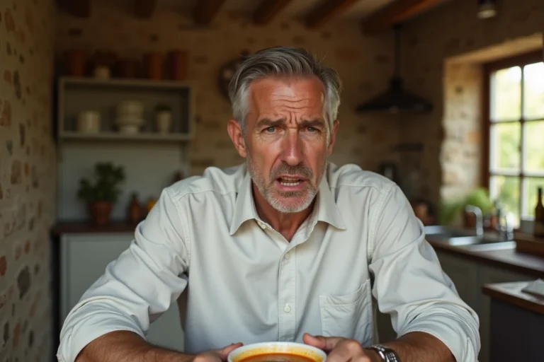 Homme en colère soudaine assis devant un bol de soupe dans une cuisine française, illustrant l'expression être soupe au lait