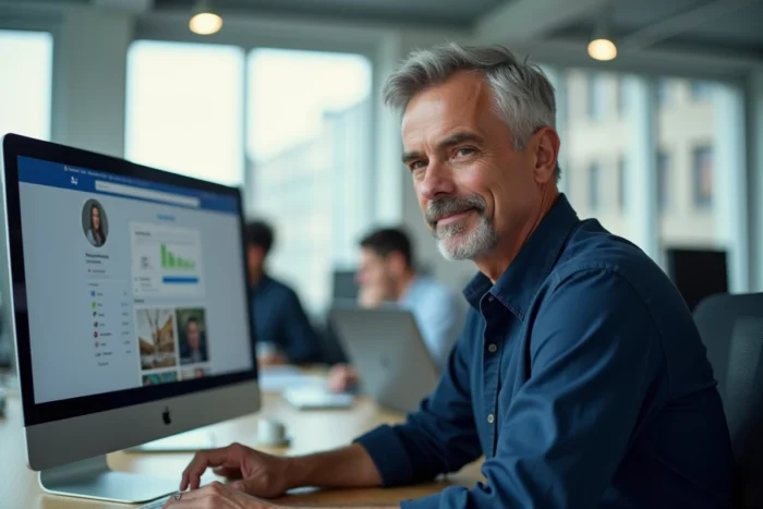 Homme analysant les statistiques de partage de ses publications Facebook sur un ordinateur de bureau en open space