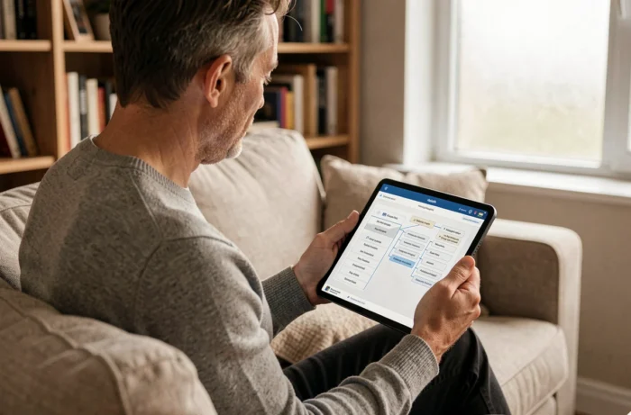 Homme consultant un sitemap de site e-santé sur une tablette dans un salon confortable
