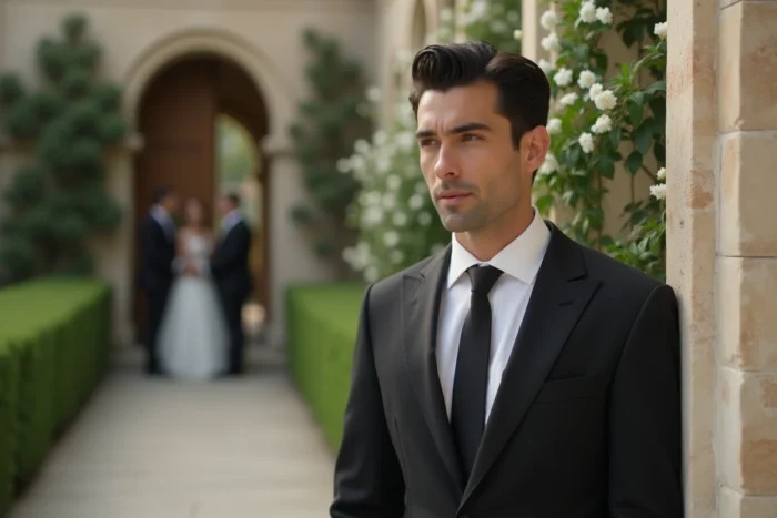 Homme en tenue de mariage élégante près d'un portail en pierre fleuri, illustrant la discrétion et le raffinement d'une cérémonie intime
