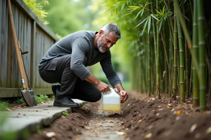 Homme versant un produit chimique dans une tranchée au pied de bambous pour contrôler leur propagation