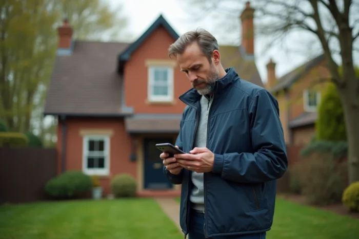 Homme comparant une vue satellite sur smartphone avec sa maison dans son jardin en banlieue