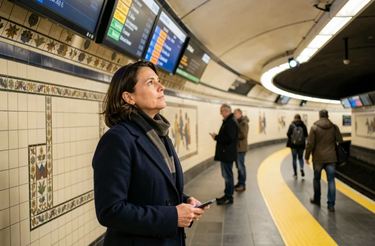 Femme consultant les horaires du métro ligne 4 sur un panneau d'affichage dans une station parisienne