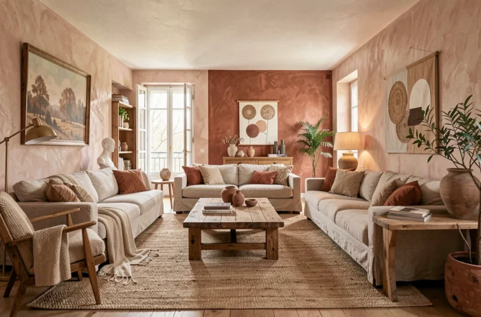 Vue d'ensemble d'un intérieur contemporain français alliant textures naturelles, tons chauds et mobilier artisanal pour un style élégant