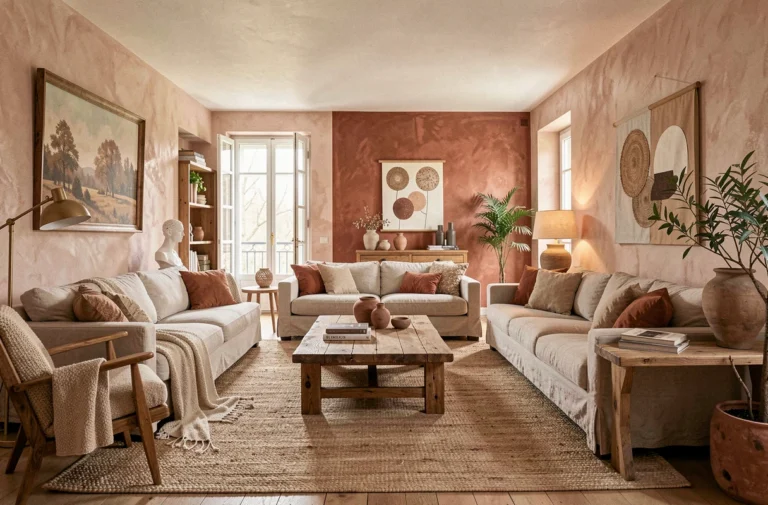 Vue d'ensemble d'un intérieur contemporain français alliant textures naturelles, tons chauds et mobilier artisanal pour un style élégant
