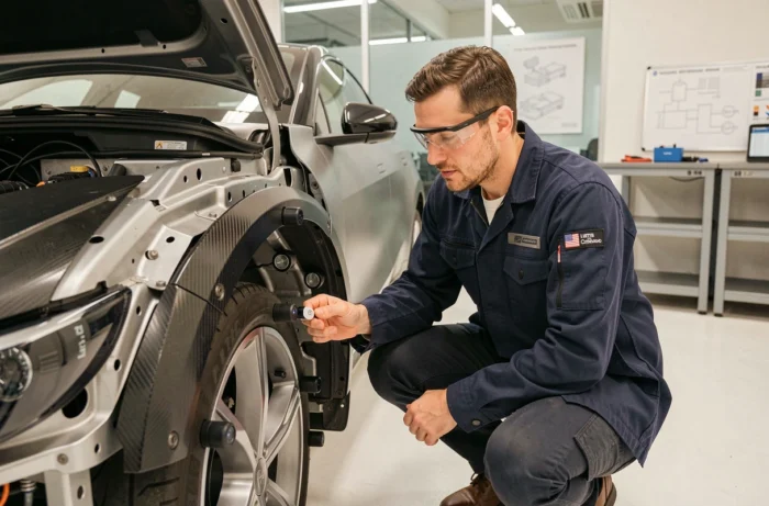 Ingénieur automobile inspectant le châssis d'un véhicule électrique autonome prototype dans un centre de recherche et développement