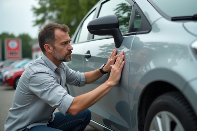 Homme inspectant la carrosserie d'une voiture d'occasion dans un parc automobile en plein air