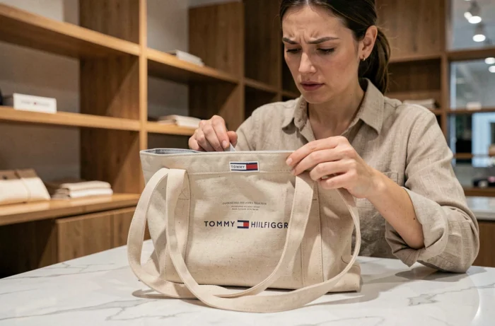 Femme inspectant minutieusement les coutures et l'étiquette intérieure d'un sac Tommy Hilfiger pour détecter une contrefaçon