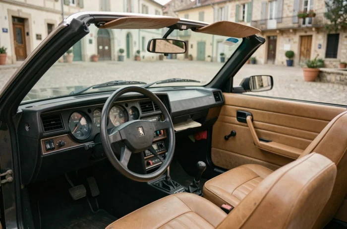 Intérieur authentique d'une Peugeot 305 cabriolet restaurée avec siège en vinyle beige, tableau de bord d'époque et volant original