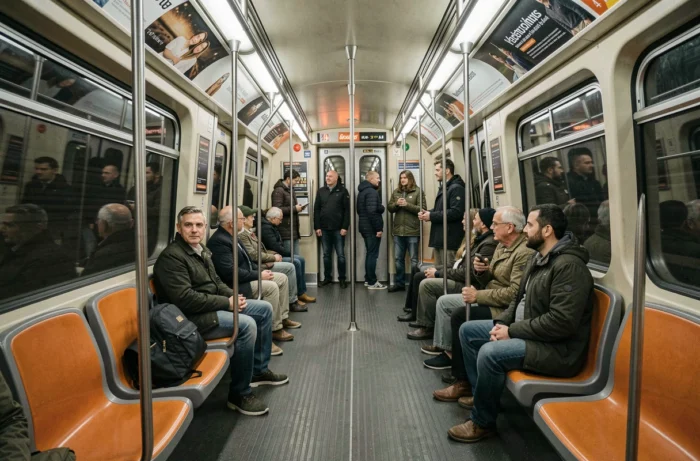 Intérieur d'une rame du métro parisien ligne 4 avec des voyageurs pendant les heures de trajet