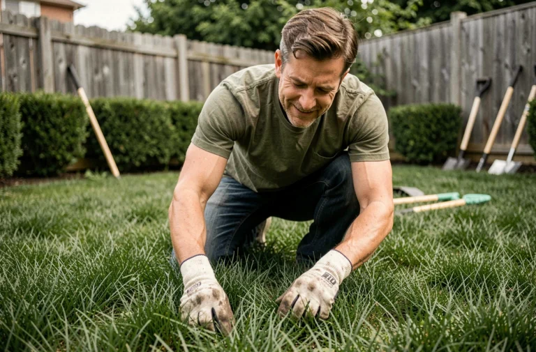 Jardinier en train d'inspecter de près un gazon dense et bien entretenu dans un jardin résidentiel