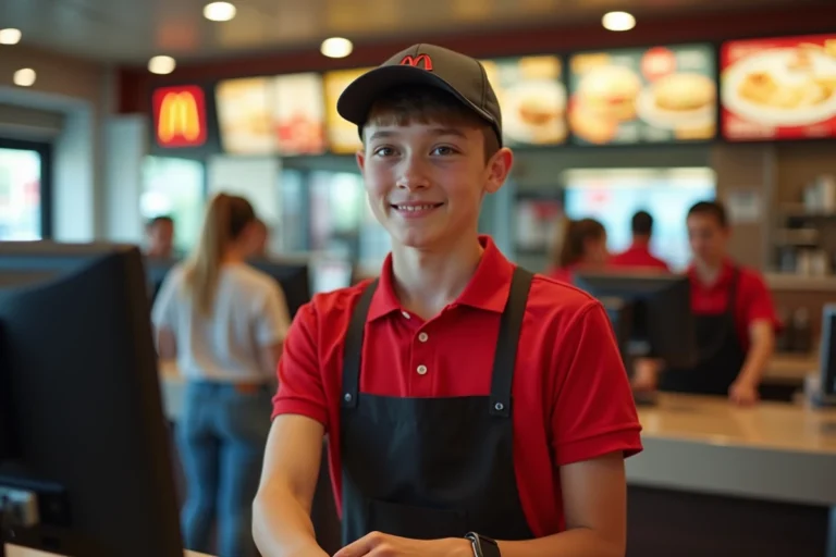 Jeune employé de 16 ans en uniforme McDonald's au comptoir de caisse dans un restaurant fast-food