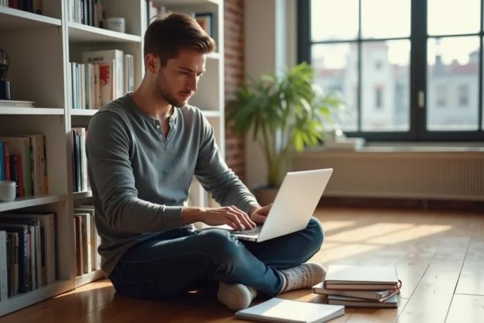 Jeune entrepreneur travaillant depuis chez lui sur son projet de création d'entreprise en 2024