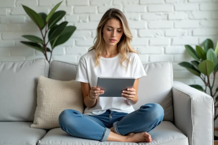 Jeune femme vérifiant qui a partagé ses publications Facebook sur une tablette depuis son salon moderne