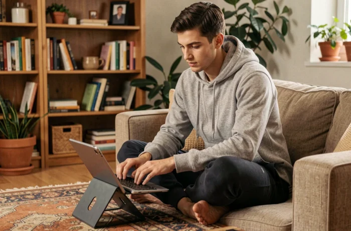 Jeune homme travaillant depuis son canapé avec une tablette et un clavier sans fil pour simplifier son informatique à domicile