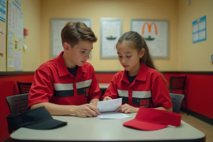 Deux jeunes employés de 16 ans en pause consultant leur planning de travail chez McDonald's