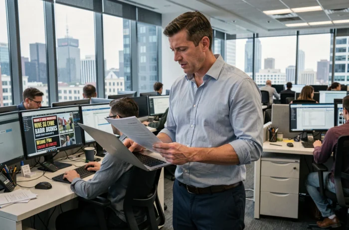 Journaliste masculin dans une salle de rédaction moderne analysant les dernières tendances et informations du moment