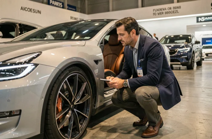 Journaliste automobile examinant une berline électrique lors du Salon de l'Automobile de Paris 2026