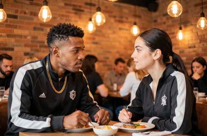 Rappeur français et sa compagne attablés dans un restaurant moderne, moment de complicité intime