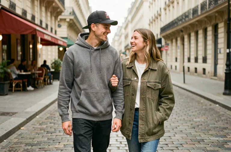 Couple de rappeur français se promenant dans une rue parisienne, ambiance urbaine et complicité naturelle