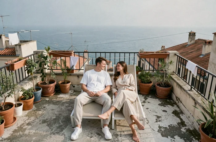 Couple posant sur une terrasse de toiture à Marseille avec vue sur la mer Méditerranée en arrière-plan