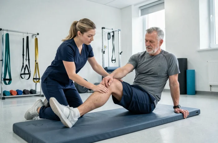 Kinésithérapeute femme guidant un patient dans un exercice de rééducation du genou en clinique