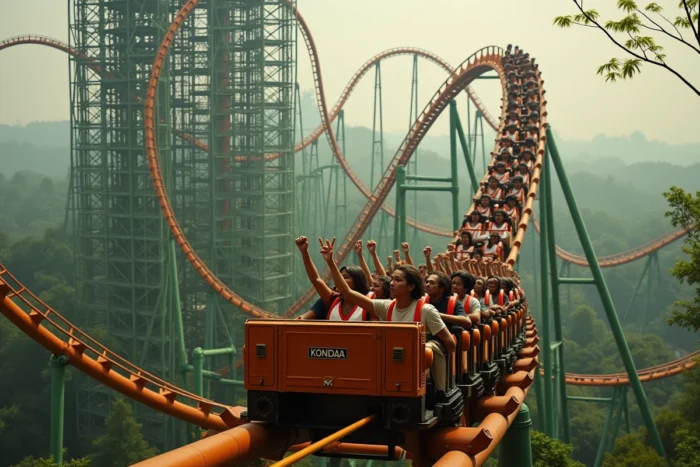Les riders du Kondaa effectuant un looping spectaculaire sur ce grand roller coaster à thème cobra de Walibi Belgique