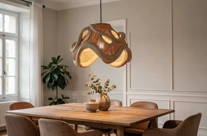 Luminaire sculptural en céramique organique suspendu comme point focal au-dessus d'une table dans un intérieur français