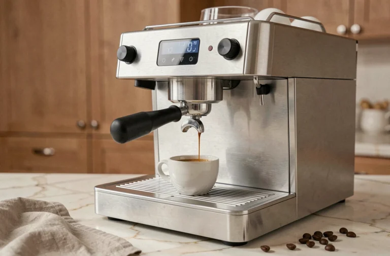 Machine à espresso semi-automatique en acier inoxydable sur un plan de travail en marbre avec une tasse d'espresso et crema dorée